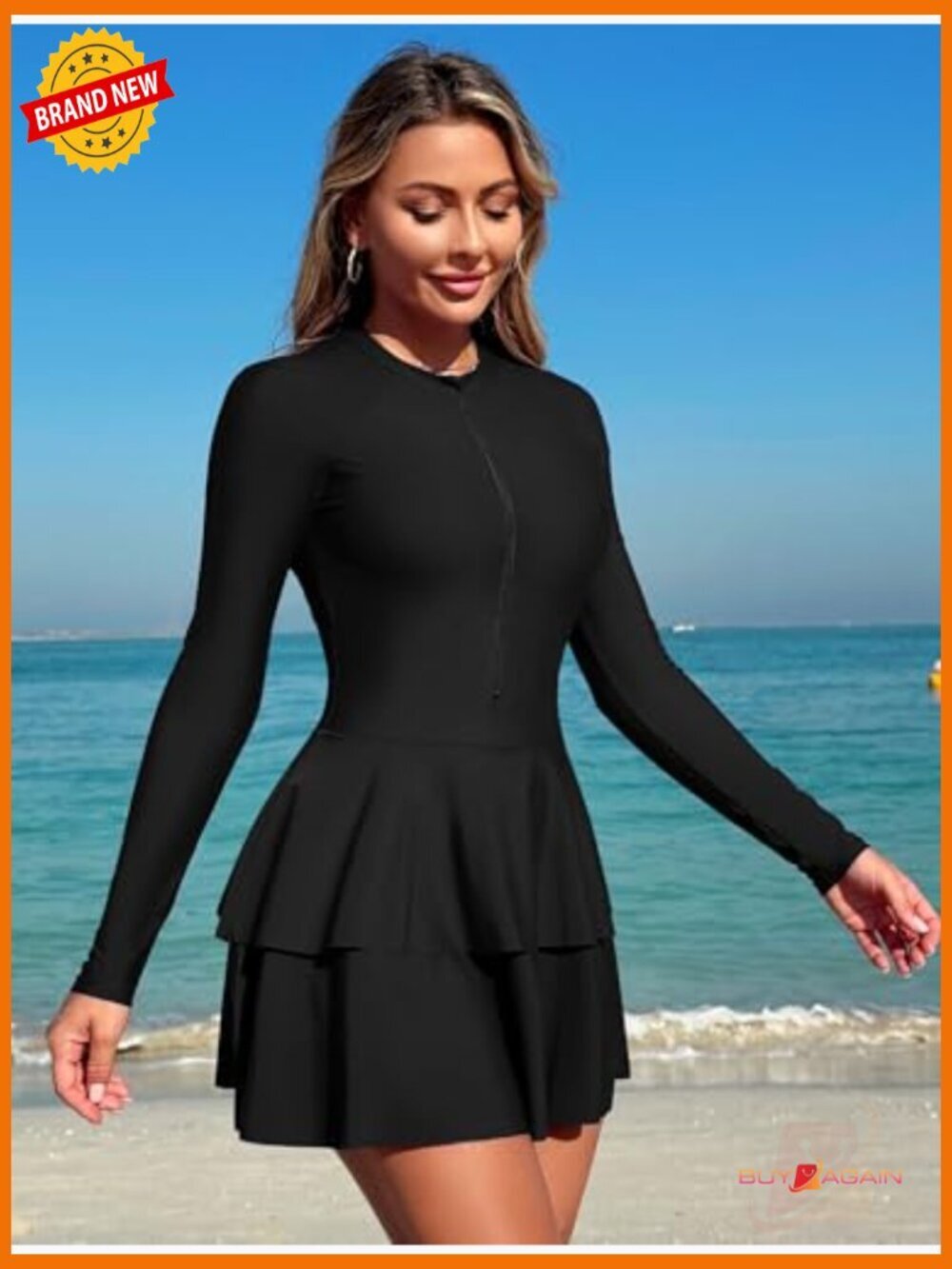 Women's One Piece Rash Guard Long Sleeve Modest Swimsuit with Skirt - Picture 3 of 7